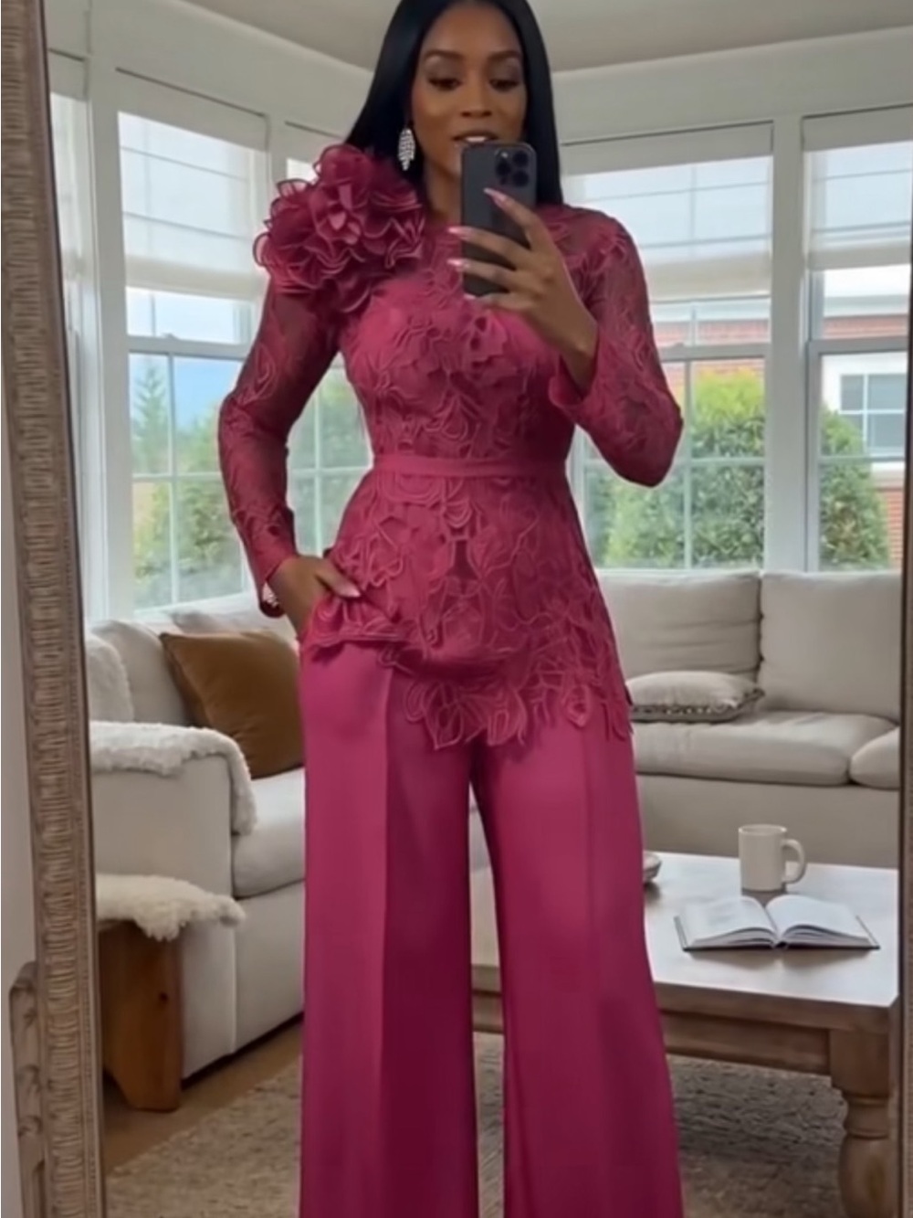 STYLEWE Hot Pink Floral Lace Long Sleeve Blouse with Rosette Detail